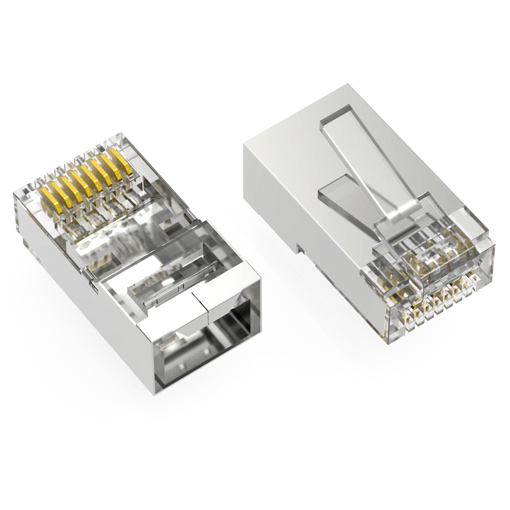 RJ45 Cat.6A STP Feed Through Plug for Solid and Stranded 3-Prong 50 Micron 100pk