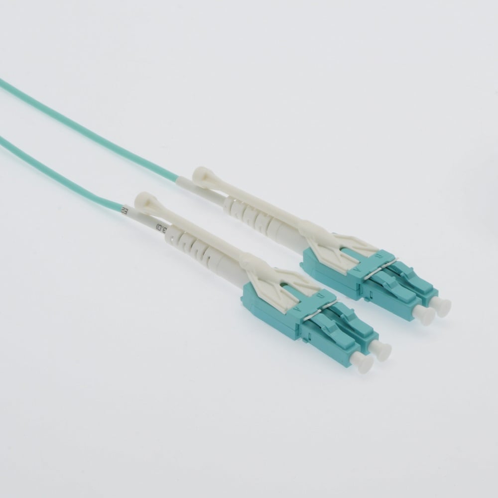 20m Uniboot LC/UPC-LC/UPC OM3 Multimode Duplex Aqua Fiber Optic Patch Cable with Pull Push