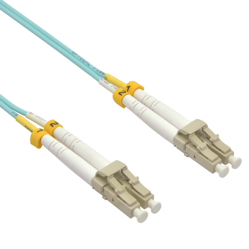 1m LC/UPC LC/UPC OM4 Multimode Duplex OFNR 2.0mm Aqua Fiber Optic Patch Cable